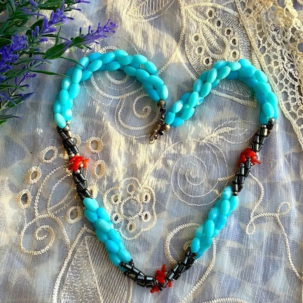 Vintage Hematite, Red Coral & Turquoise Cat’s Eye Bead Twisted Necklace